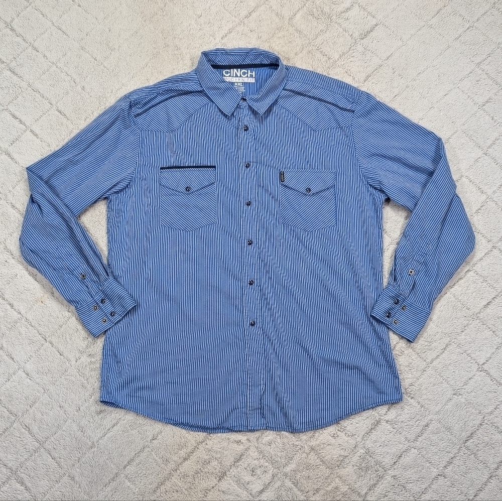 Cinch Shirt Mens XXL Blue Stripe Western Pearl Snap Light Cotton Casual Ranch